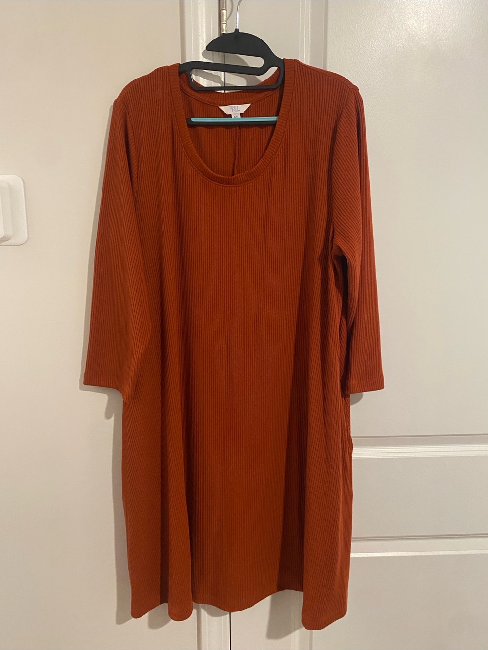 Time and Tru Ribbed Scoop Neck Long Sleeve Dress in Rust Orange